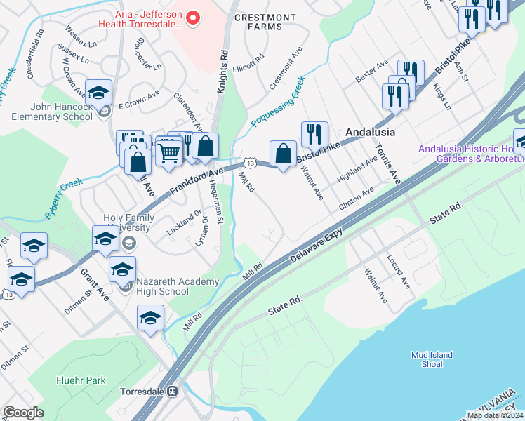 map of restaurants, bars, coffee shops, grocery stores, and more near 872 Mill Road in Bensalem