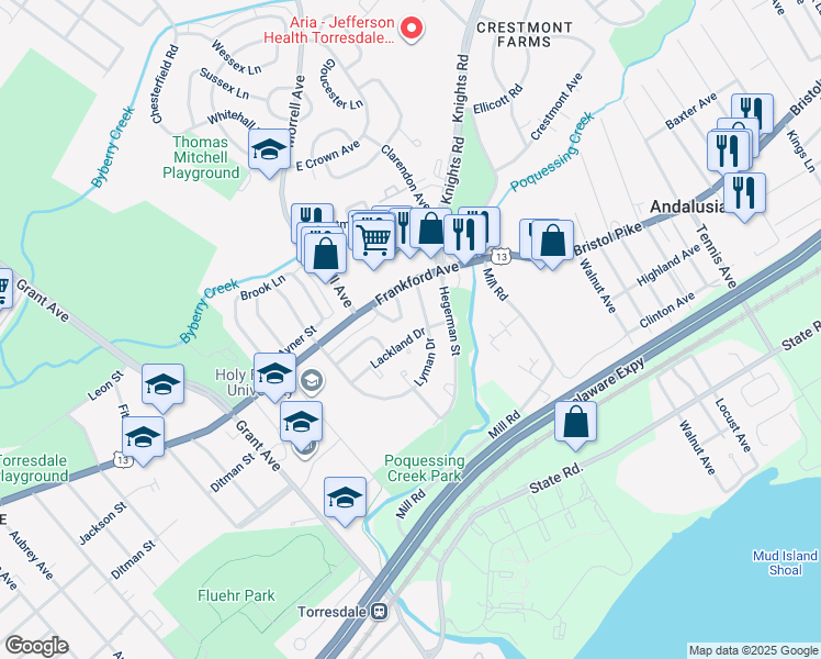 map of restaurants, bars, coffee shops, grocery stores, and more near 9932 Lackland Drive in Philadelphia