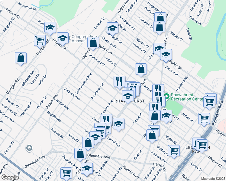 map of restaurants, bars, coffee shops, grocery stores, and more near 1836 Rhawn Street in Philadelphia