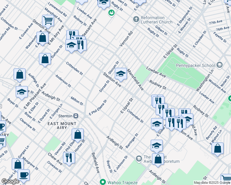 map of restaurants, bars, coffee shops, grocery stores, and more near 827 East Phil Ellena Street in Philadelphia