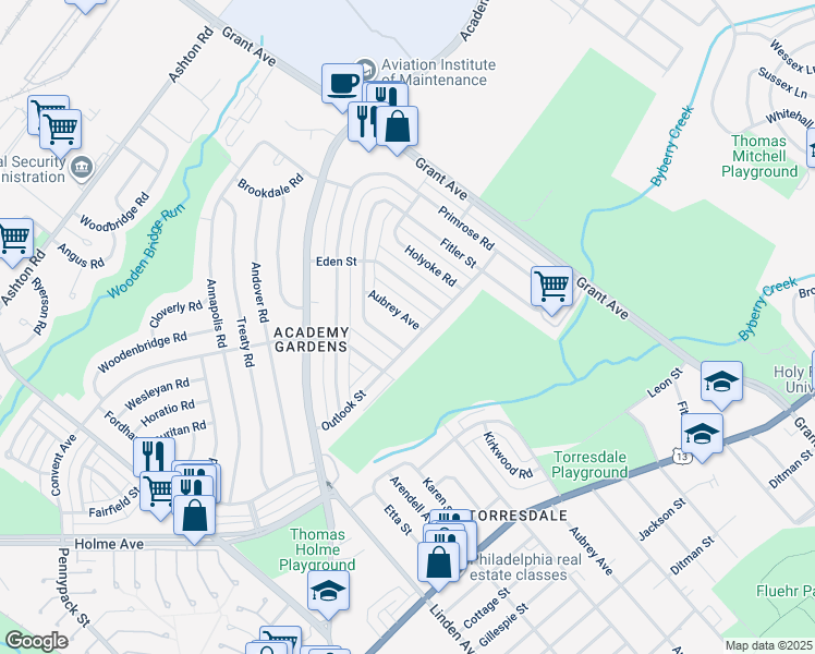 map of restaurants, bars, coffee shops, grocery stores, and more near 3442 Aubrey Avenue in Philadelphia
