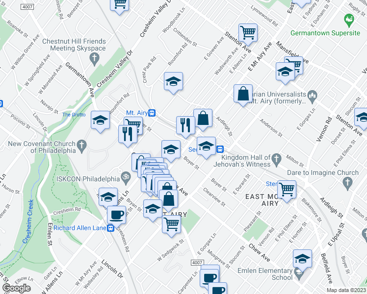 map of restaurants, bars, coffee shops, grocery stores, and more near 7203 Howard Terrace in Philadelphia