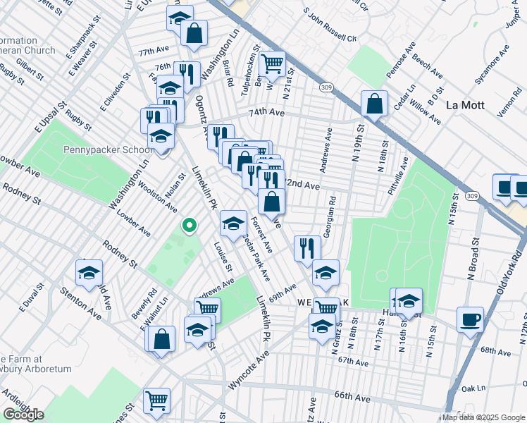 map of restaurants, bars, coffee shops, grocery stores, and more near 7140 Ogontz Avenue in Philadelphia