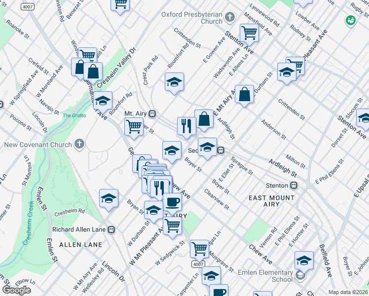 map of restaurants, bars, coffee shops, grocery stores, and more near 7240 Devon Street in Philadelphia