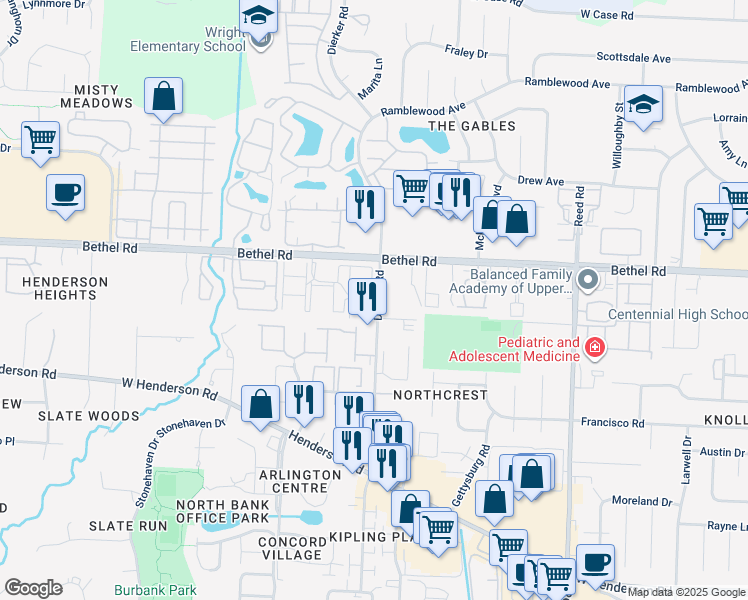 map of restaurants, bars, coffee shops, grocery stores, and more near 2121 Bethel Road in Columbus