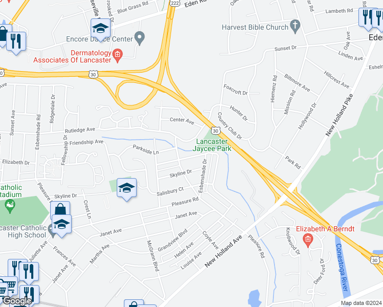 map of restaurants, bars, coffee shops, grocery stores, and more near 1017 Edgemoor Court in Lancaster