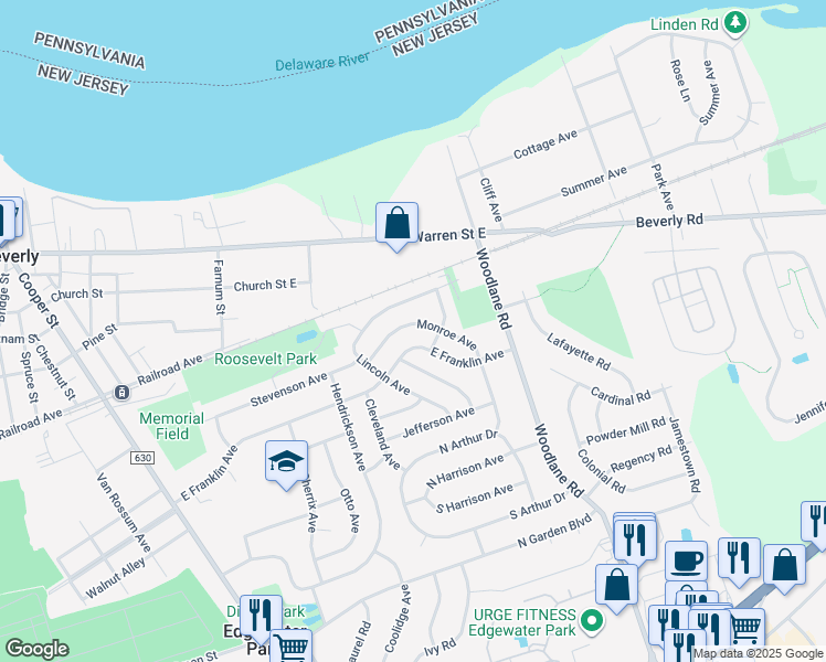 map of restaurants, bars, coffee shops, grocery stores, and more near 319 Monroe Avenue in Beverly