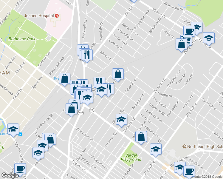 map of restaurants, bars, coffee shops, grocery stores, and more near 7429 Bingham Street in Philadelphia