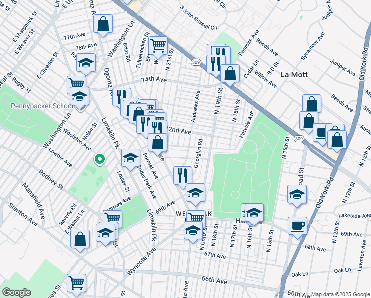 map of restaurants, bars, coffee shops, grocery stores, and more near 1954 Dallas Street in Philadelphia