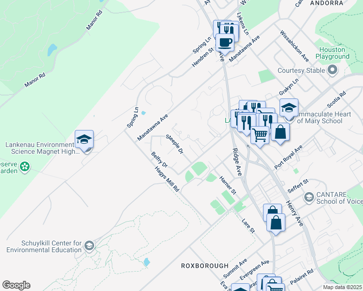 map of restaurants, bars, coffee shops, grocery stores, and more near 8625 Steeple Drive in Philadelphia
