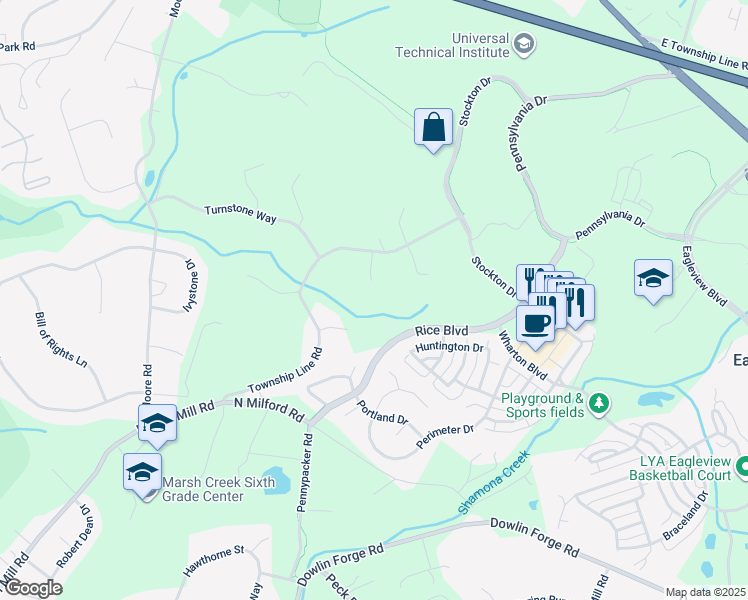 map of restaurants, bars, coffee shops, grocery stores, and more near 304 Auburn Drive in Downingtown