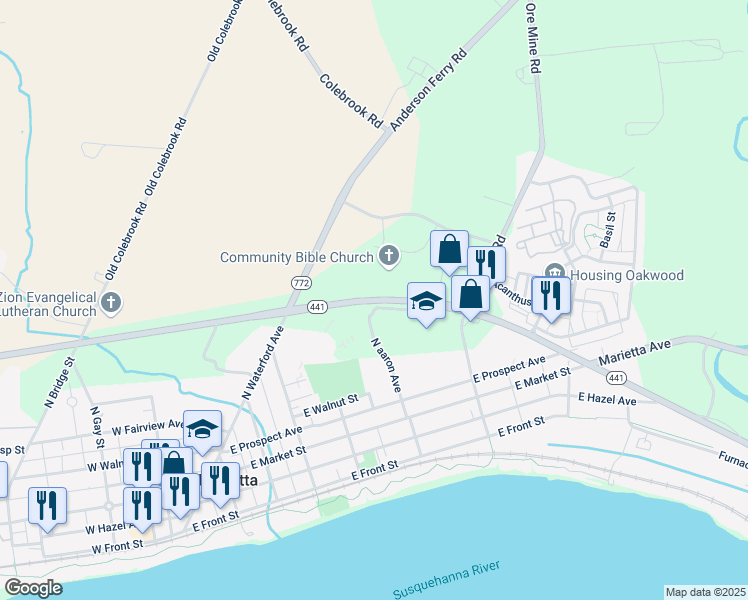 map of restaurants, bars, coffee shops, grocery stores, and more near River Road in Mount Joy