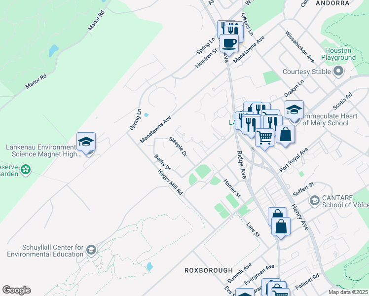 map of restaurants, bars, coffee shops, grocery stores, and more near 8625 Steeple Drive in Philadelphia