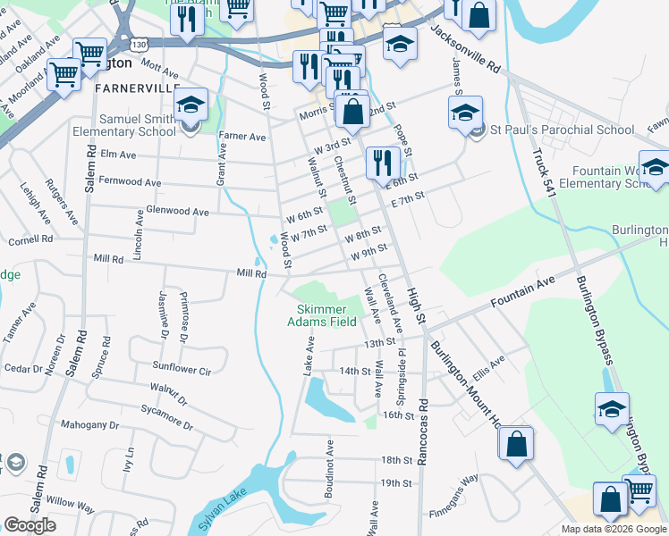 map of restaurants, bars, coffee shops, grocery stores, and more near 1412 Walnut Street in Burlington