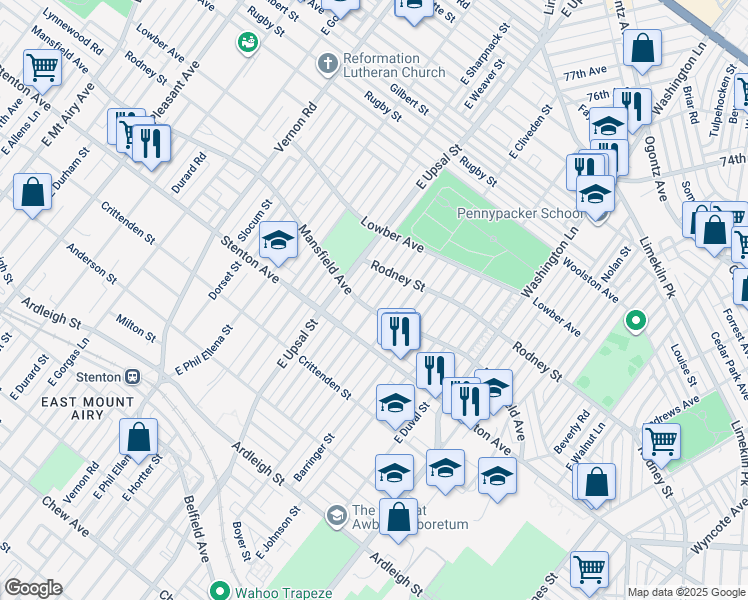 map of restaurants, bars, coffee shops, grocery stores, and more near 1503 East Cardeza Street in Philadelphia