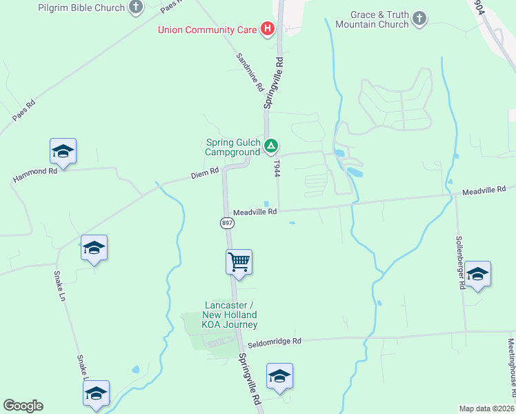 map of restaurants, bars, coffee shops, grocery stores, and more near 5377 Meadville Road in New Holland