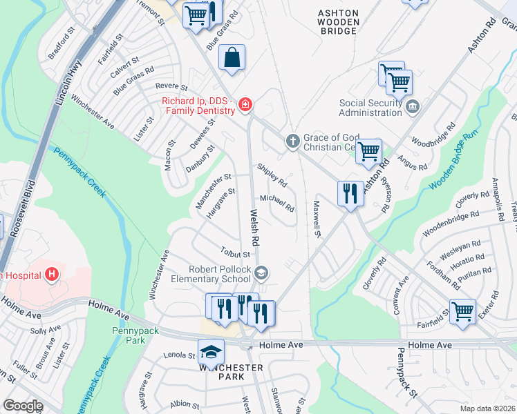 map of restaurants, bars, coffee shops, grocery stores, and more near 2800 Welsh Road in Philadelphia