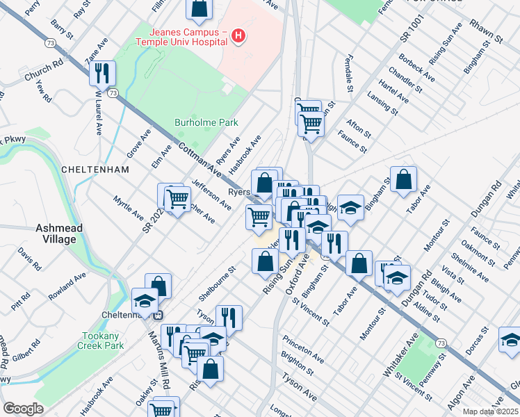 map of restaurants, bars, coffee shops, grocery stores, and more near 800 Cottman Avenue in Philadelphia