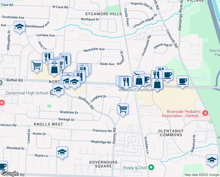 map of restaurants, bars, coffee shops, grocery stores, and more near 1185 Bethel Road in Columbus