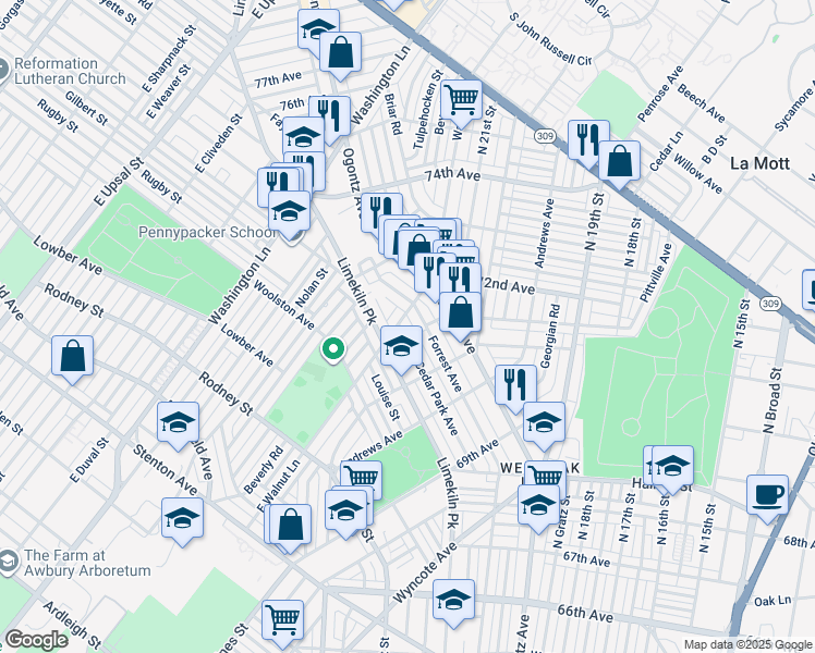 map of restaurants, bars, coffee shops, grocery stores, and more near 7169 Cedar Park Ave in Philadelphia