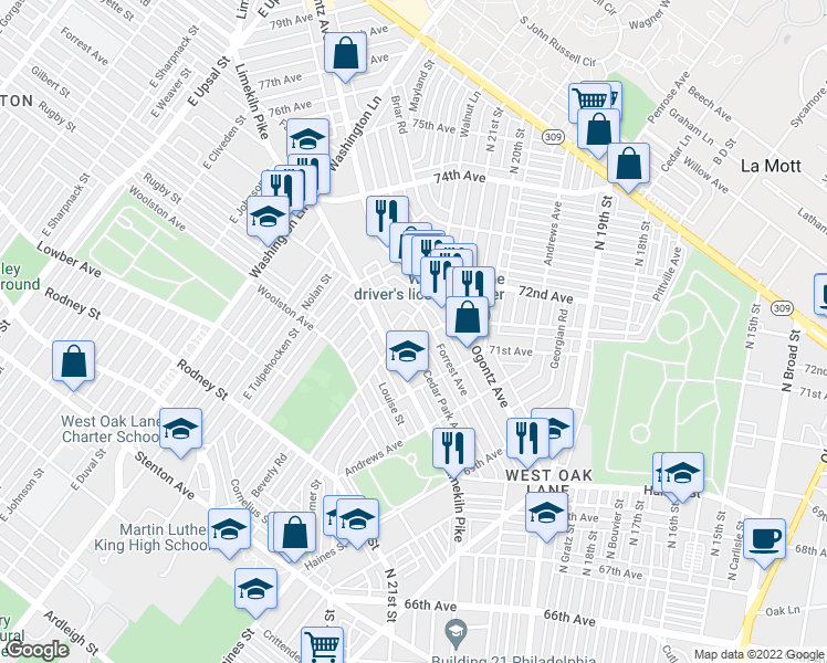 map of restaurants, bars, coffee shops, grocery stores, and more near 7169 Cedar Park Ave in Philadelphia
