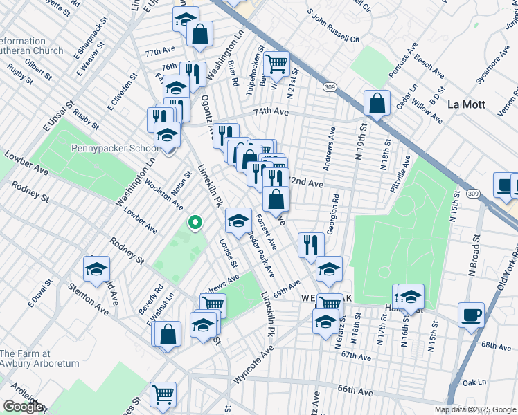 map of restaurants, bars, coffee shops, grocery stores, and more near 7095 Forrest Avenue in Philadelphia