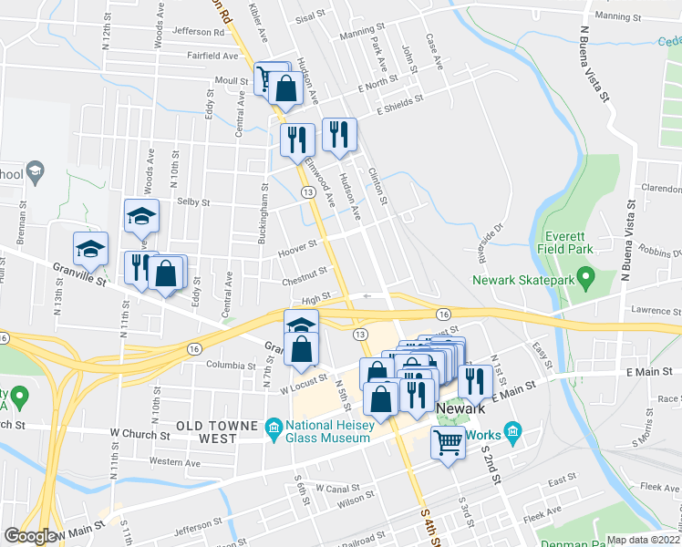 map of restaurants, bars, coffee shops, grocery stores, and more near 194 Mount Vernon Road in Newark