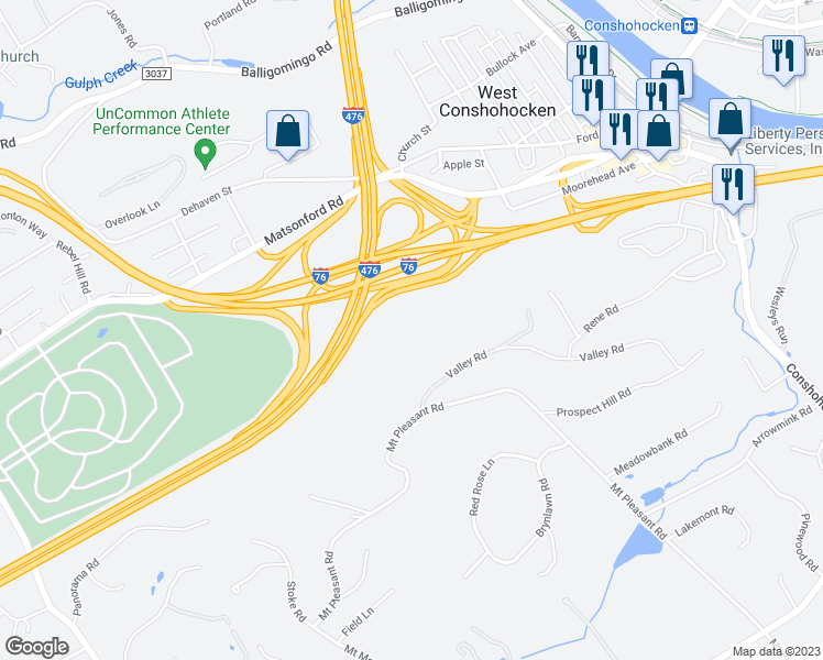 map of restaurants, bars, coffee shops, grocery stores, and more near 1220 Valley Road in Villanova