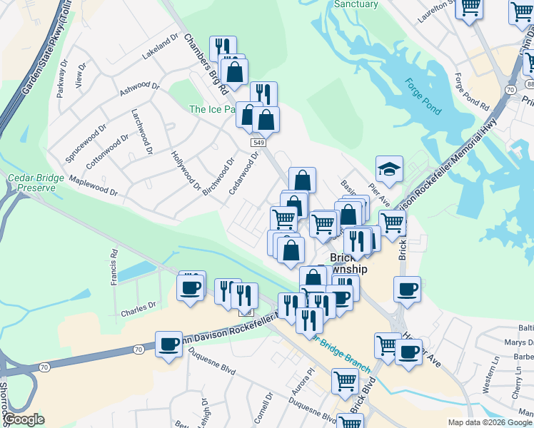 map of restaurants, bars, coffee shops, grocery stores, and more near 101 Prosper Way in Brick Township