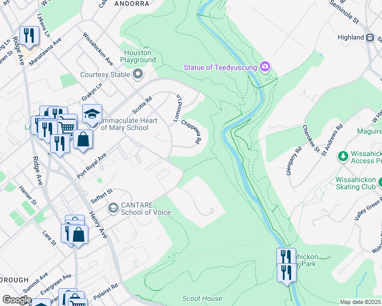 map of restaurants, bars, coffee shops, grocery stores, and more near 8412 Chippewa Road in Philadelphia