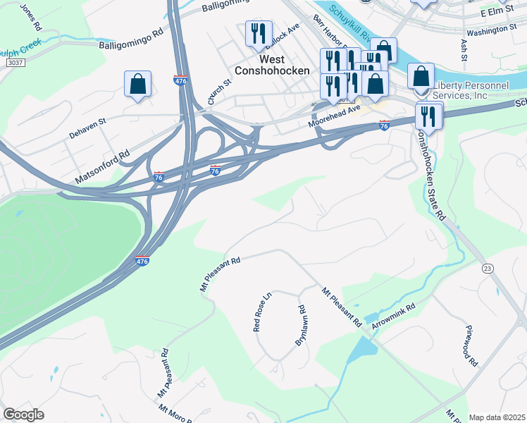 map of restaurants, bars, coffee shops, grocery stores, and more near 1240 Valley Road in Villanova