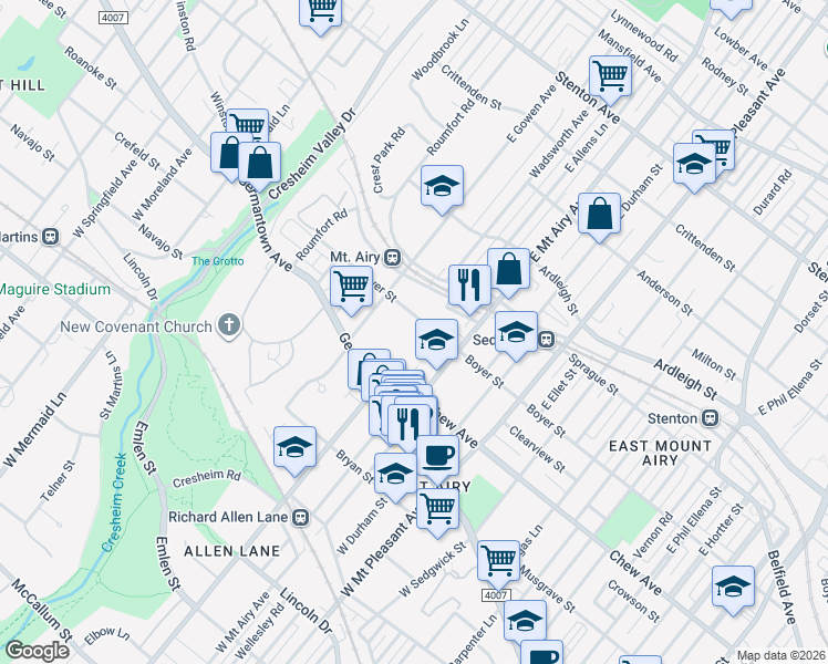 map of restaurants, bars, coffee shops, grocery stores, and more near 7314 Boyer Street in Philadelphia