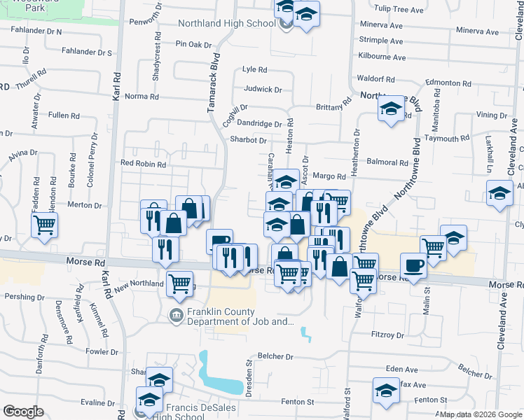 map of restaurants, bars, coffee shops, grocery stores, and more near 1900 Sunny Court in Columbus