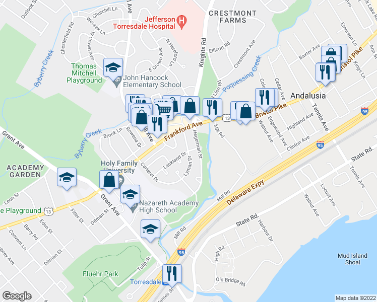 map of restaurants, bars, coffee shops, grocery stores, and more near Lackland Drive & Lyman Drive in Philadelphia