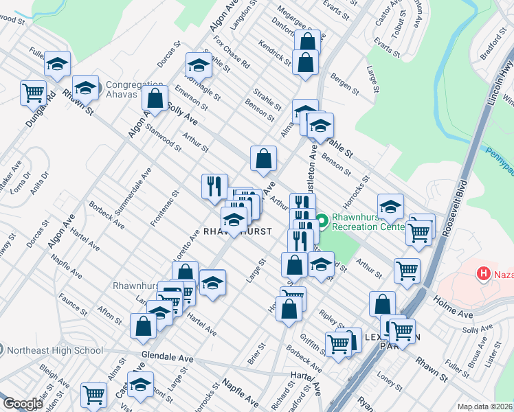 map of restaurants, bars, coffee shops, grocery stores, and more near Castor Ave & Stanwood St in Philadelphia