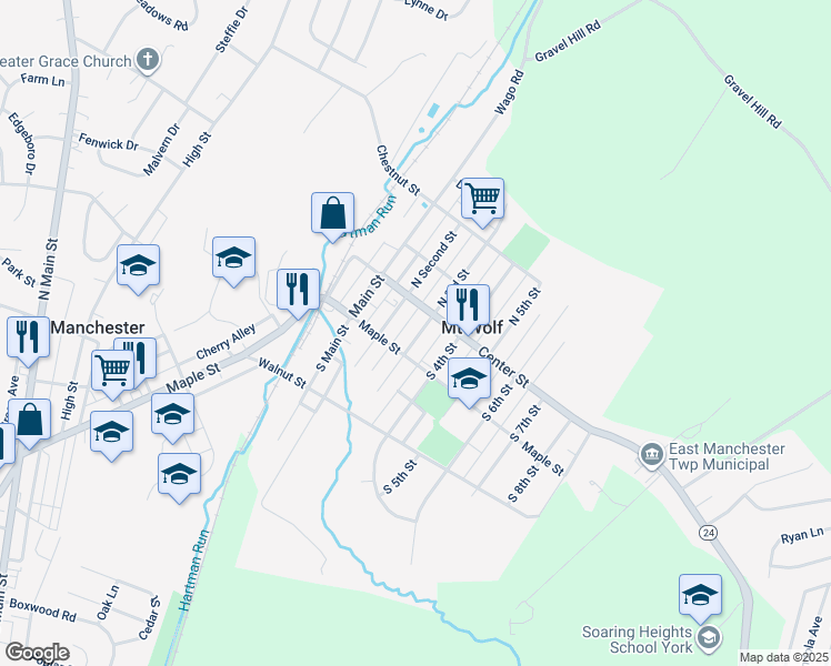 map of restaurants, bars, coffee shops, grocery stores, and more near 52 South Third Street in Mount Wolf