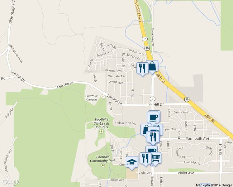 map of restaurants, bars, coffee shops, grocery stores, and more near 4866 Fountain Street in Boulder