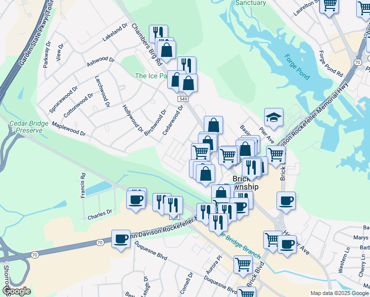 map of restaurants, bars, coffee shops, grocery stores, and more near 101 Prosper Way in Brick Township