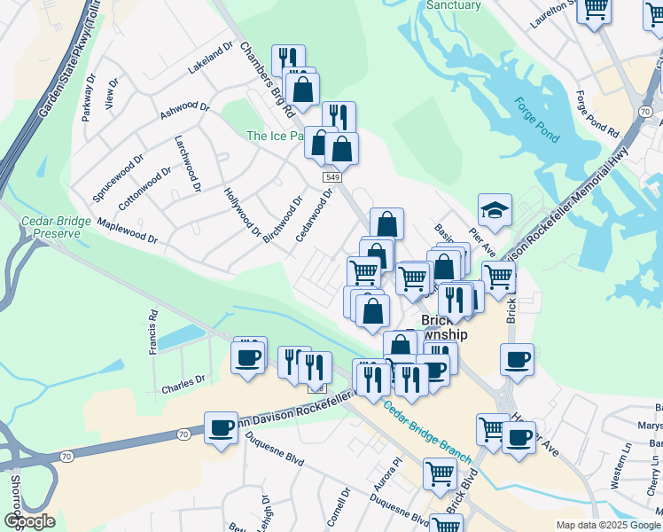 map of restaurants, bars, coffee shops, grocery stores, and more near 101 Prosper Way in Brick Township