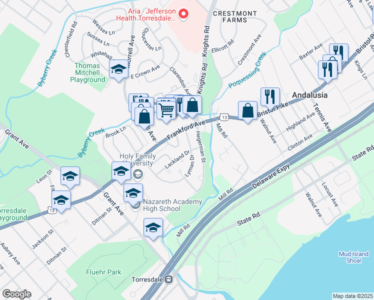 map of restaurants, bars, coffee shops, grocery stores, and more near 9957 Lorry Place in Philadelphia