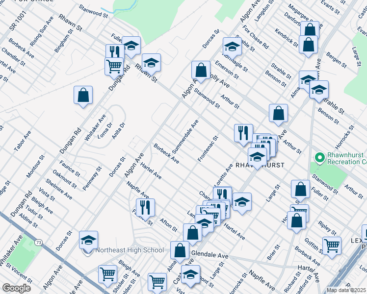 map of restaurants, bars, coffee shops, grocery stores, and more near 1634 Loney Street in Philadelphia
