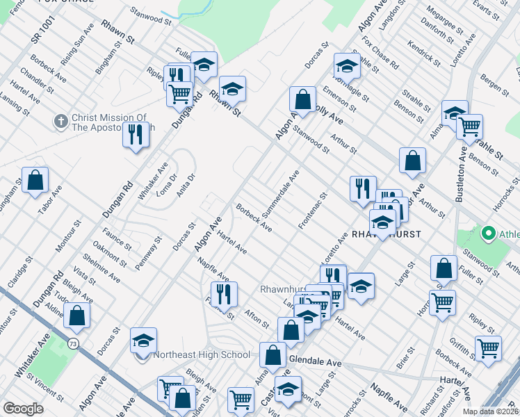 map of restaurants, bars, coffee shops, grocery stores, and more near 1612 Griffith Street in Philadelphia