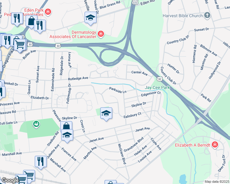 map of restaurants, bars, coffee shops, grocery stores, and more near 882 Parkside Lane in Lancaster