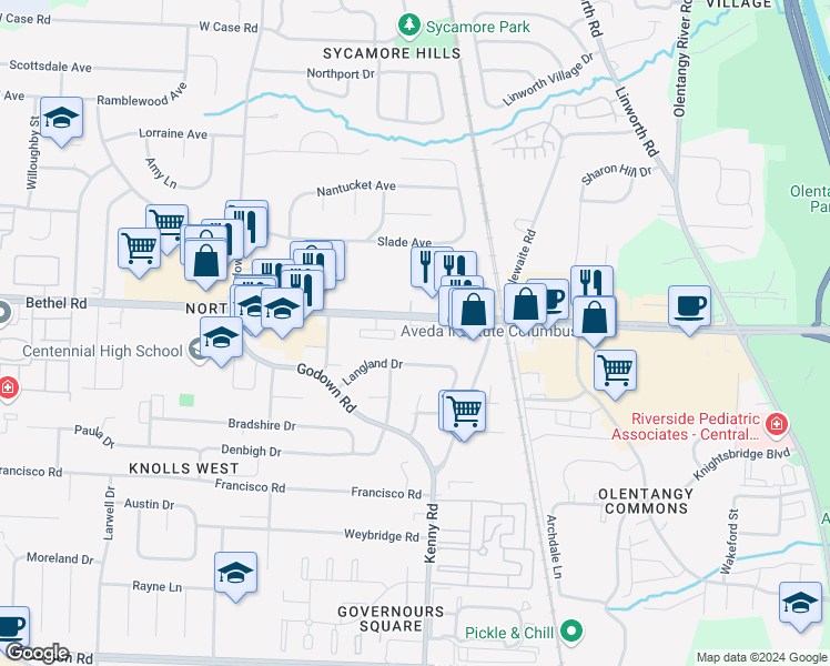 map of restaurants, bars, coffee shops, grocery stores, and more near 1185 Bethel Road in Columbus