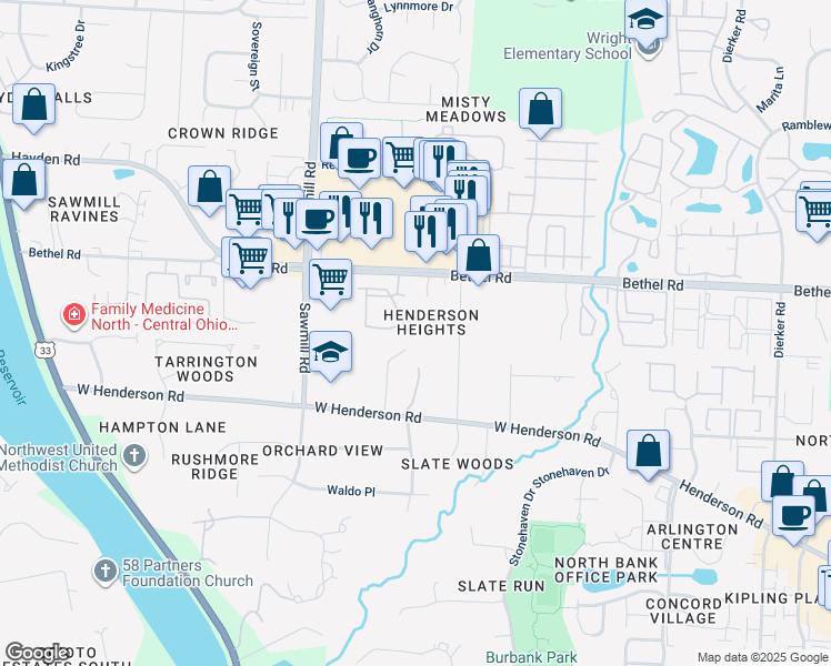 map of restaurants, bars, coffee shops, grocery stores, and more near 5308 Darlington Road in Columbus