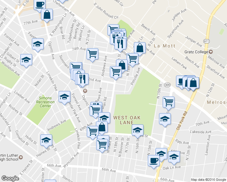 map of restaurants, bars, coffee shops, grocery stores, and more near North 19th Street in Philadelphia