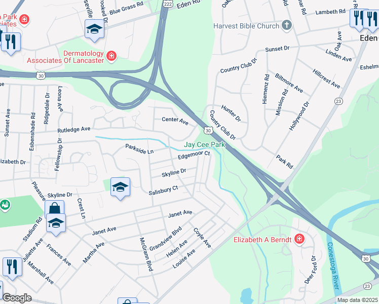 map of restaurants, bars, coffee shops, grocery stores, and more near 1025 Edgemoor Court in Lancaster