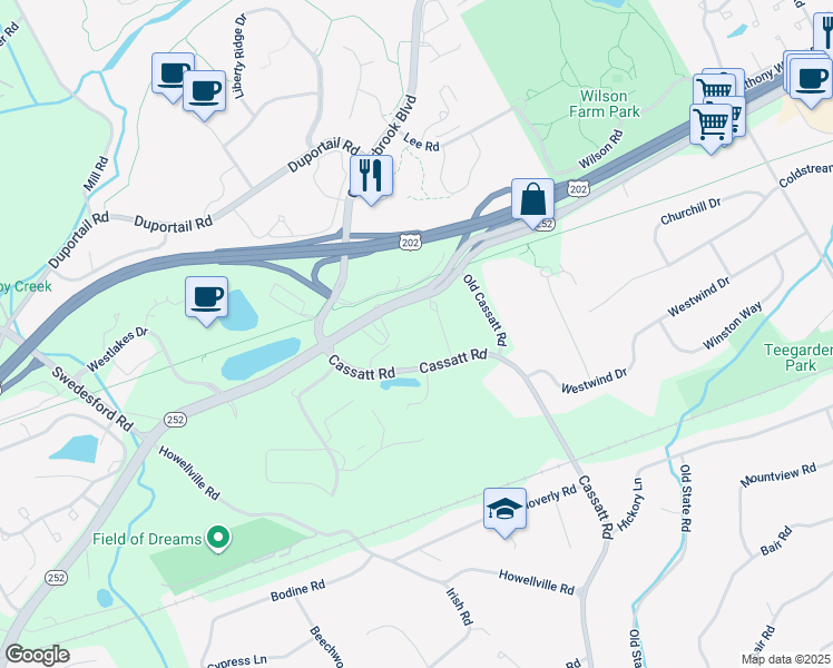 map of restaurants, bars, coffee shops, grocery stores, and more near 400 Berwyn Park Road in Berwyn