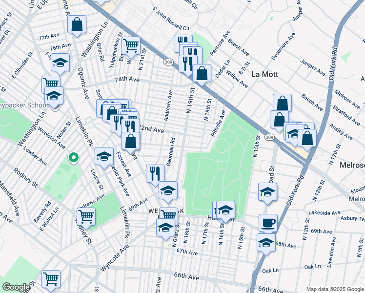 map of restaurants, bars, coffee shops, grocery stores, and more near 7114 North 19th Street in Philadelphia