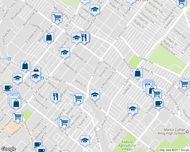 map of restaurants, bars, coffee shops, grocery stores, and more near 730 East Vernon Road in Philadelphia